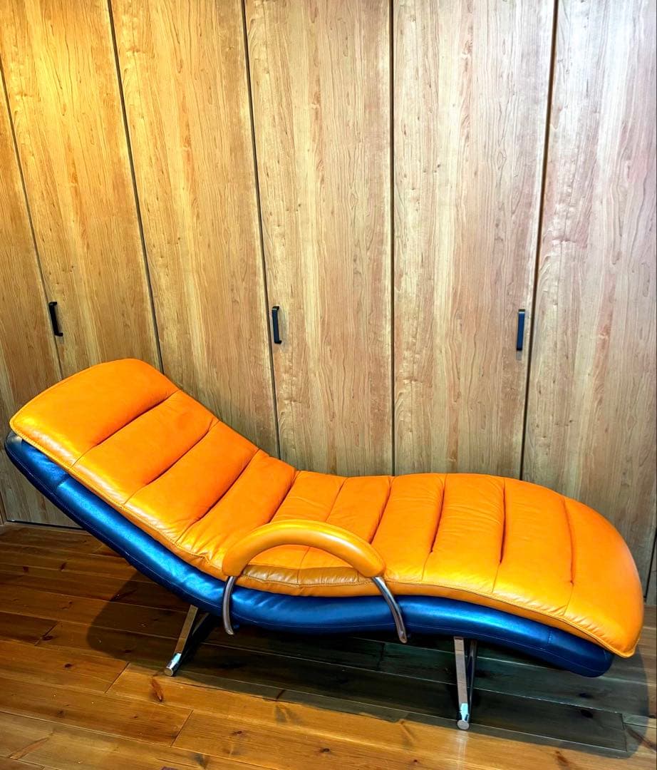 LURKEY/3段階快適リクライニングソファー/レザー/オレンジ 送料無料 美品