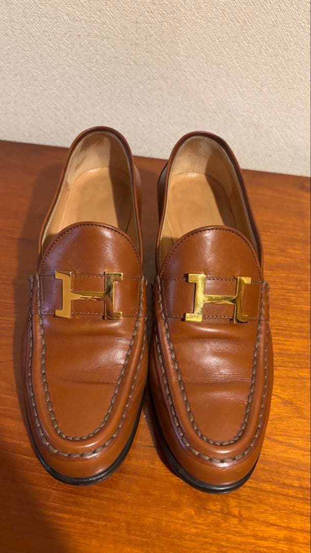 エルメス　ブラウンレザー ローファー ゴールドHロゴ