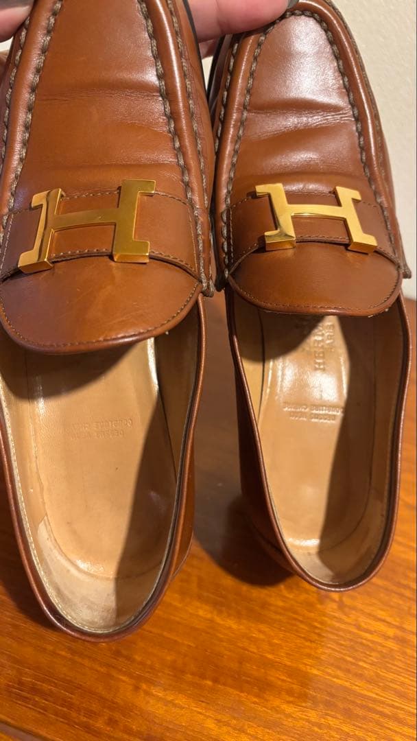 エルメス　ブラウンレザー ローファー ゴールドHロゴ