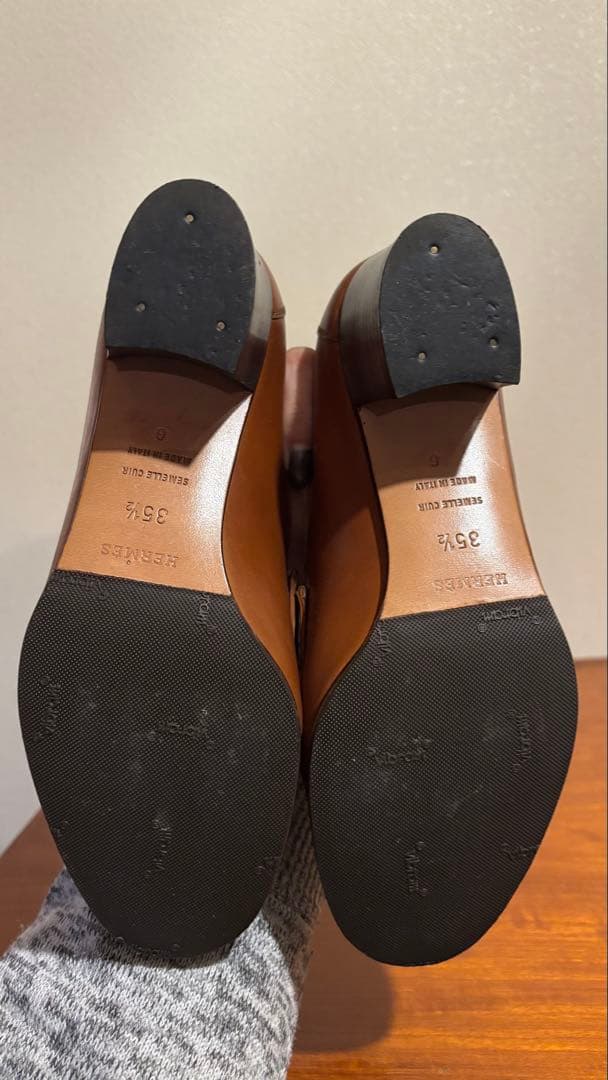 エルメス　ブラウンレザー ローファー ゴールドHロゴ