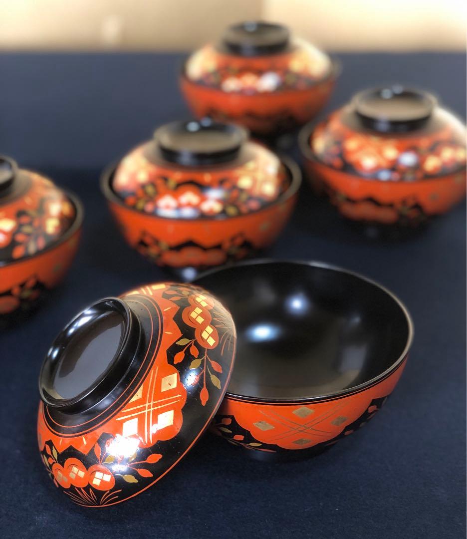 《R》正法寺蒔絵 煮物椀5客 葵春作 木製漆器 共箱　251208お4