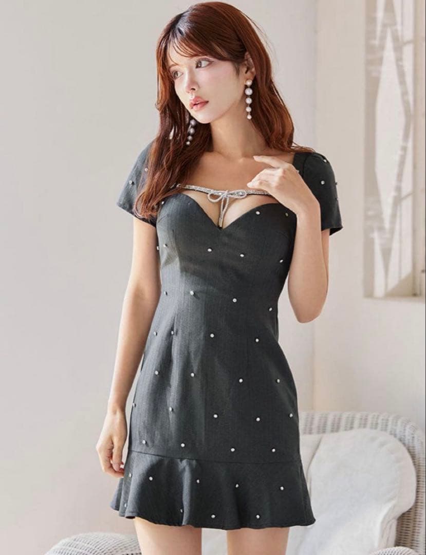 Jewels リボンビジューマーメイド半袖ドレス