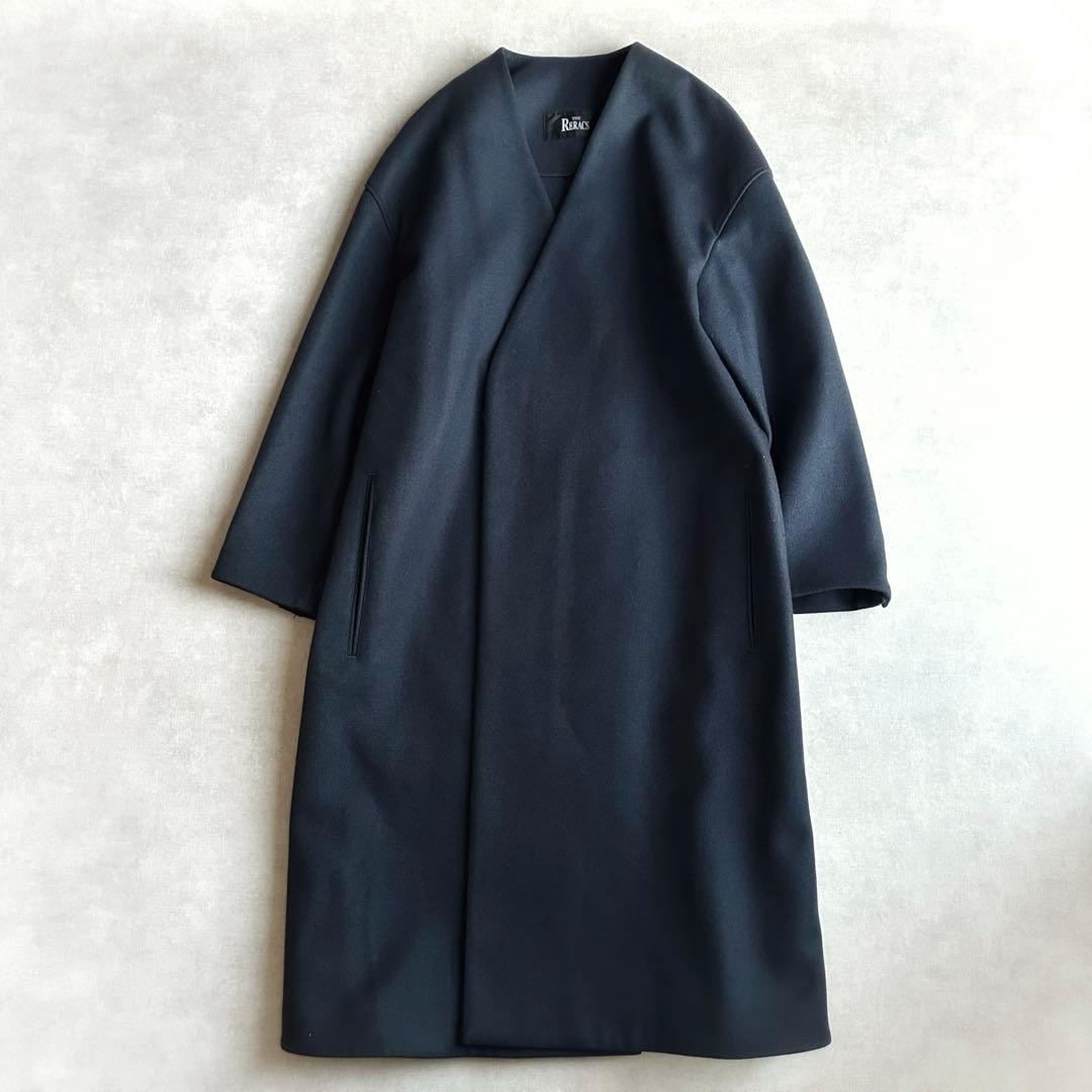 美品▲THE RERACS リラクス//ウールノーカラーコート▲ネイビー 紺色