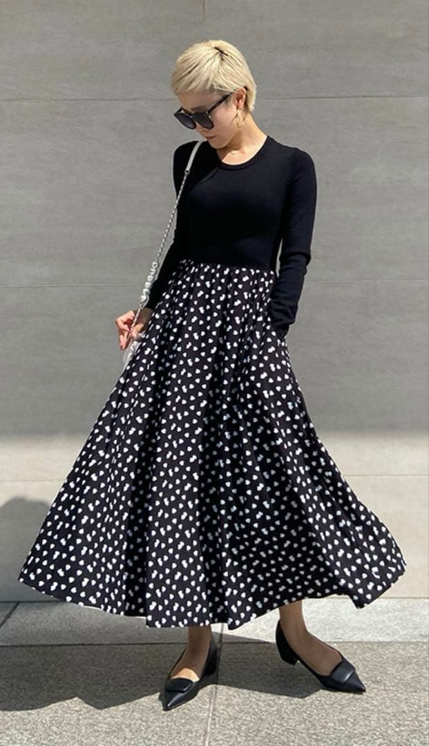 JENNE l'amour ニットドッキングワンピース 黒 フレアワンピース