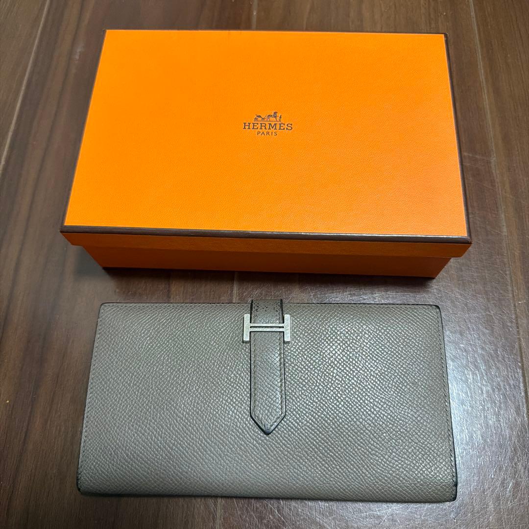 【美品】HERMES べアン スフレ グレー レザー 長財布 箱付き