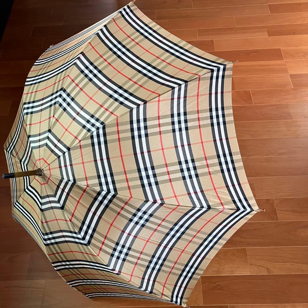 【美品】バーバリーズ 長傘 ノバチェック ロゴ 持ち手・取手木製 シュリンク付き