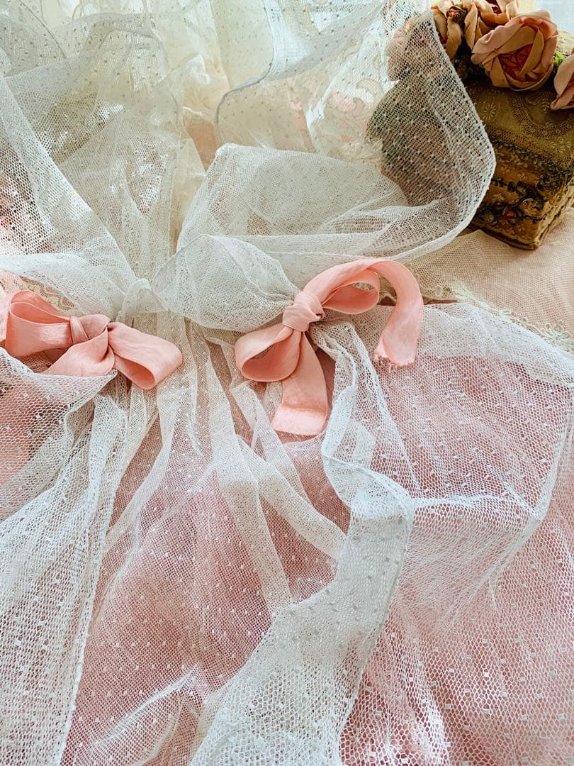 フランスアンティークドット柄チュールレースロングカーテン3枚set※古色ホワイト