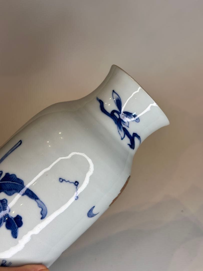 明代青花染付 人物文 花瓶 文物商店ラベル付 底部に封蝋あり 中国古陶磁 骨董品