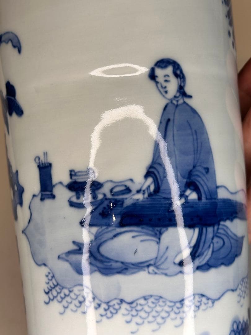 明代青花染付 人物文 花瓶 文物商店ラベル付 底部に封蝋あり 中国古陶磁 骨董品