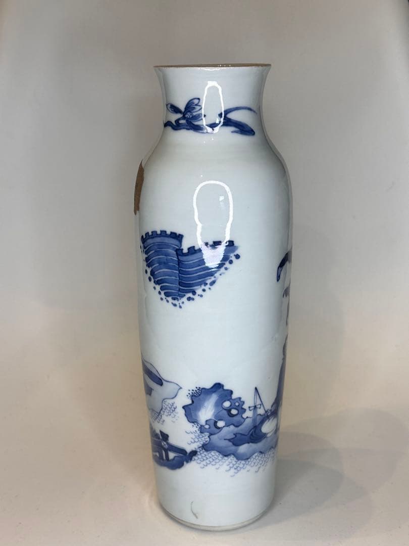 明代青花染付 人物文 花瓶 文物商店ラベル付 底部に封蝋あり 中国古陶磁 骨董品