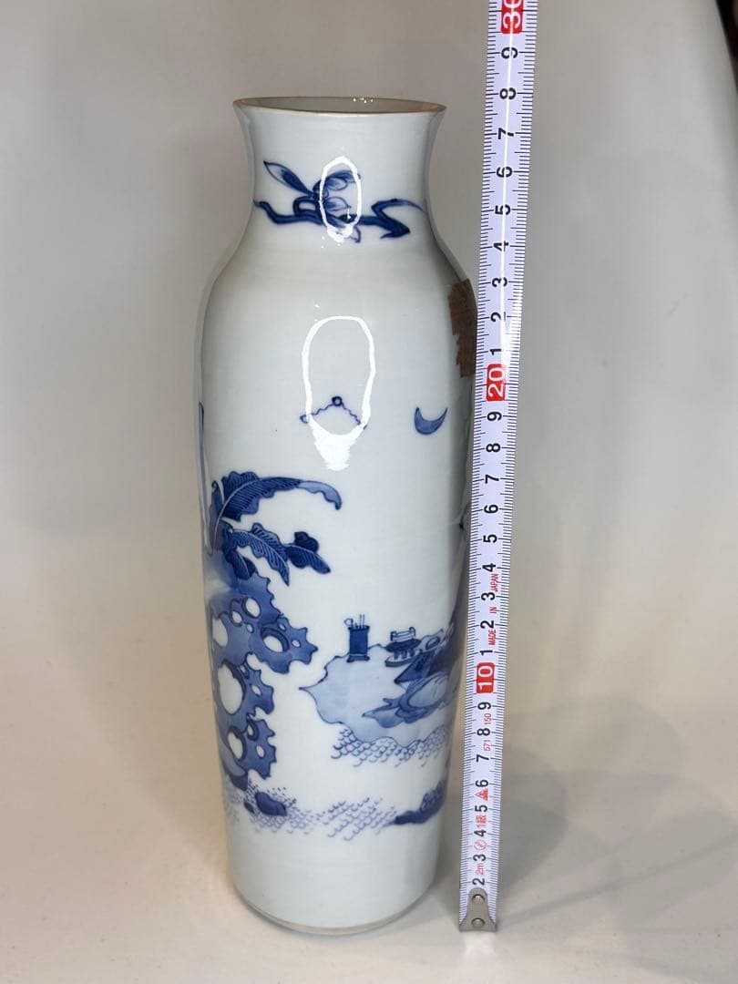 明代青花染付 人物文 花瓶 文物商店ラベル付 底部に封蝋あり 中国古陶磁 骨董品