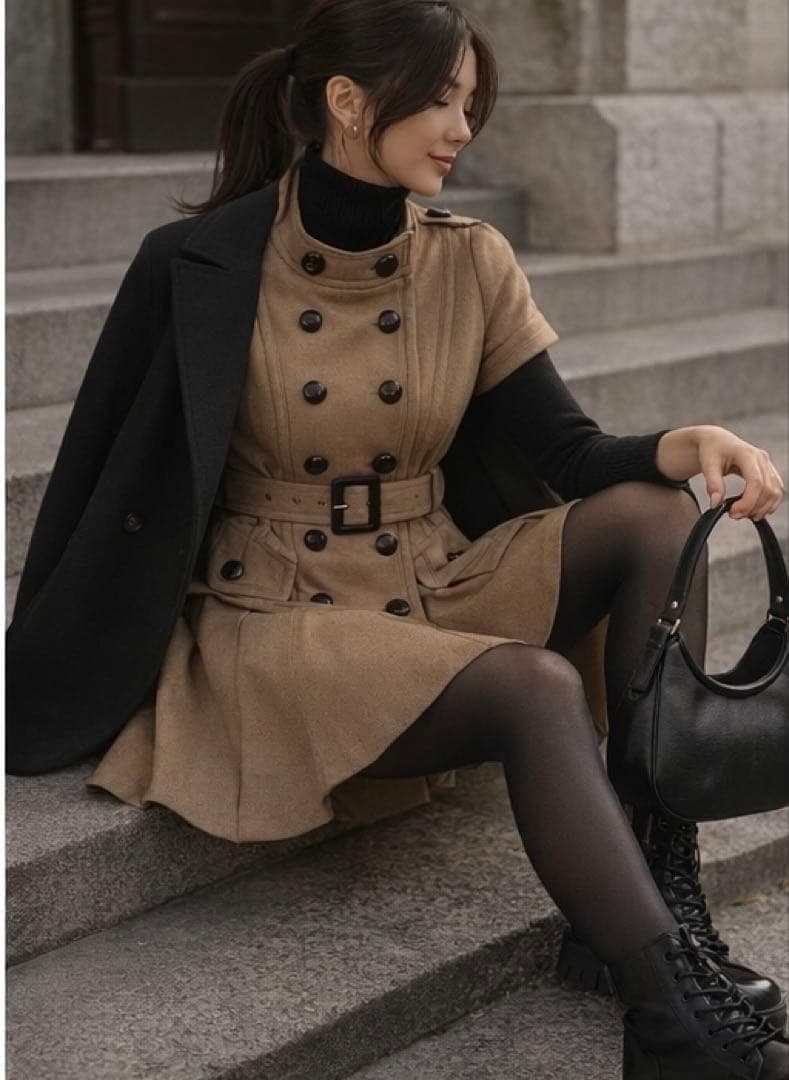 バーバリーブルーレーベル ウール ワンピース コート ノバチェック キャメル