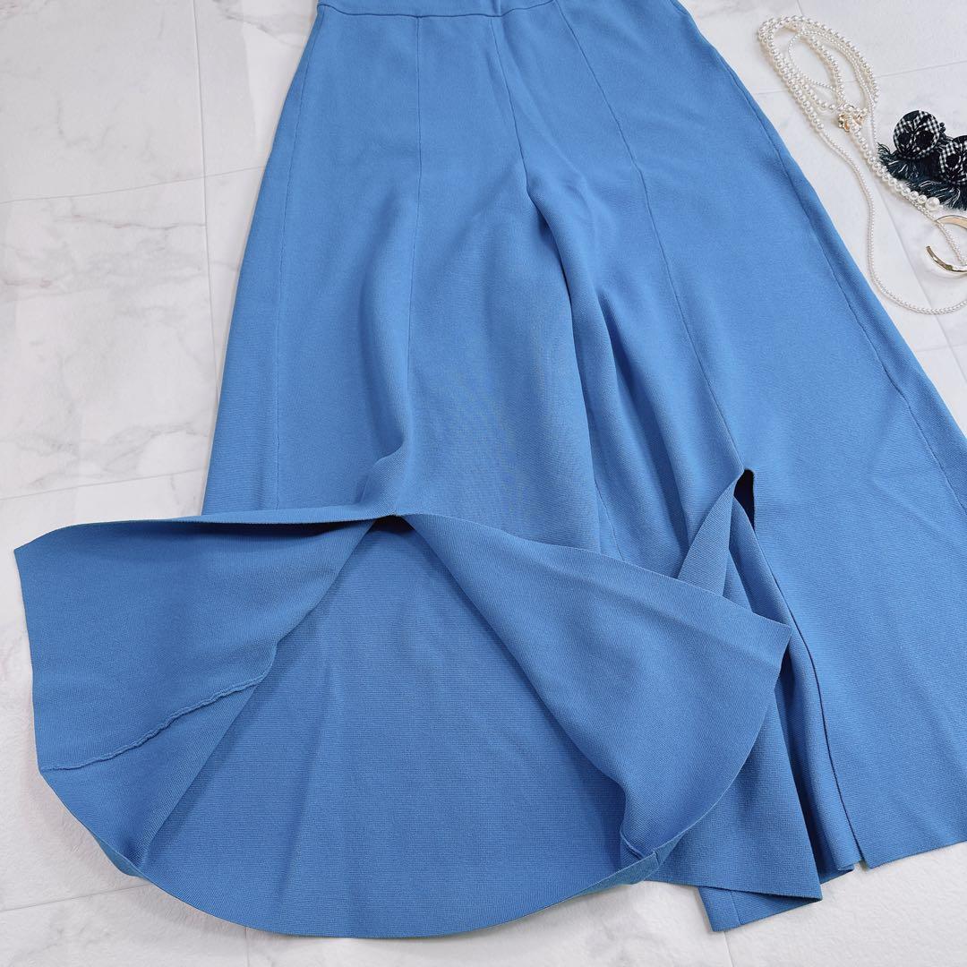アドーア ドライストレッチ　スリット入り ニットワイドパンツ　ブルー　38