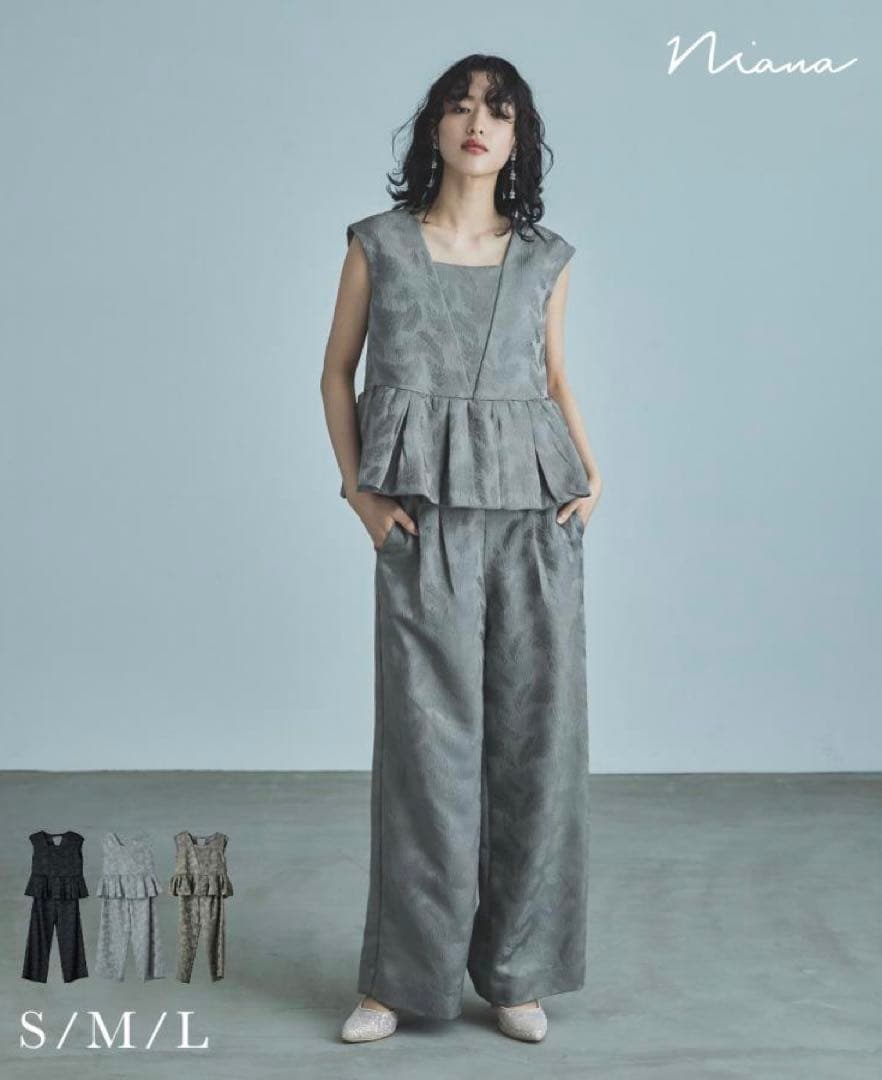 フェザー柄ジャガードペプラム セットアップ 結婚式 パンツドレス