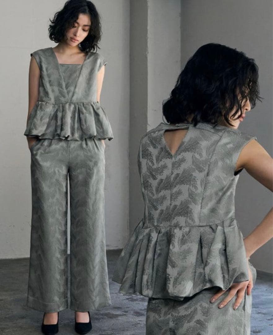 フェザー柄ジャガードペプラム セットアップ 結婚式 パンツドレス