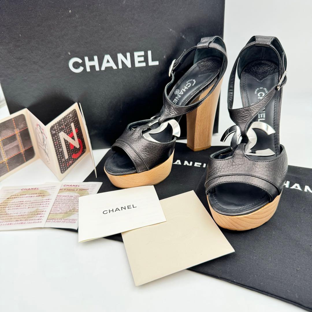 CHANEL サンダル　ココマーク　ブラック　レザー　ウッド　サイズ34 1/2