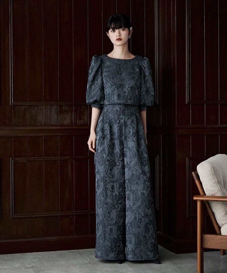 ダークグレー パフスリーブ ロングドレス