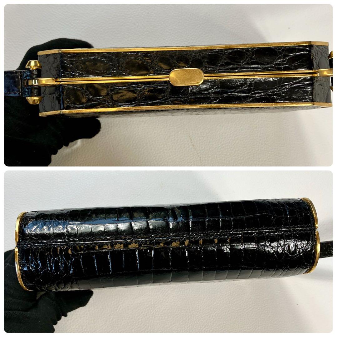 リアル　クロコダイル　クラッチ　パーティーバッグ　 アンティック　ゴールドトリム