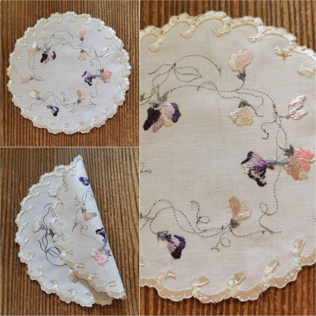アンティーク ソサイエティシルク手刺繍 スィートピー 菫 スカラップドイリー
