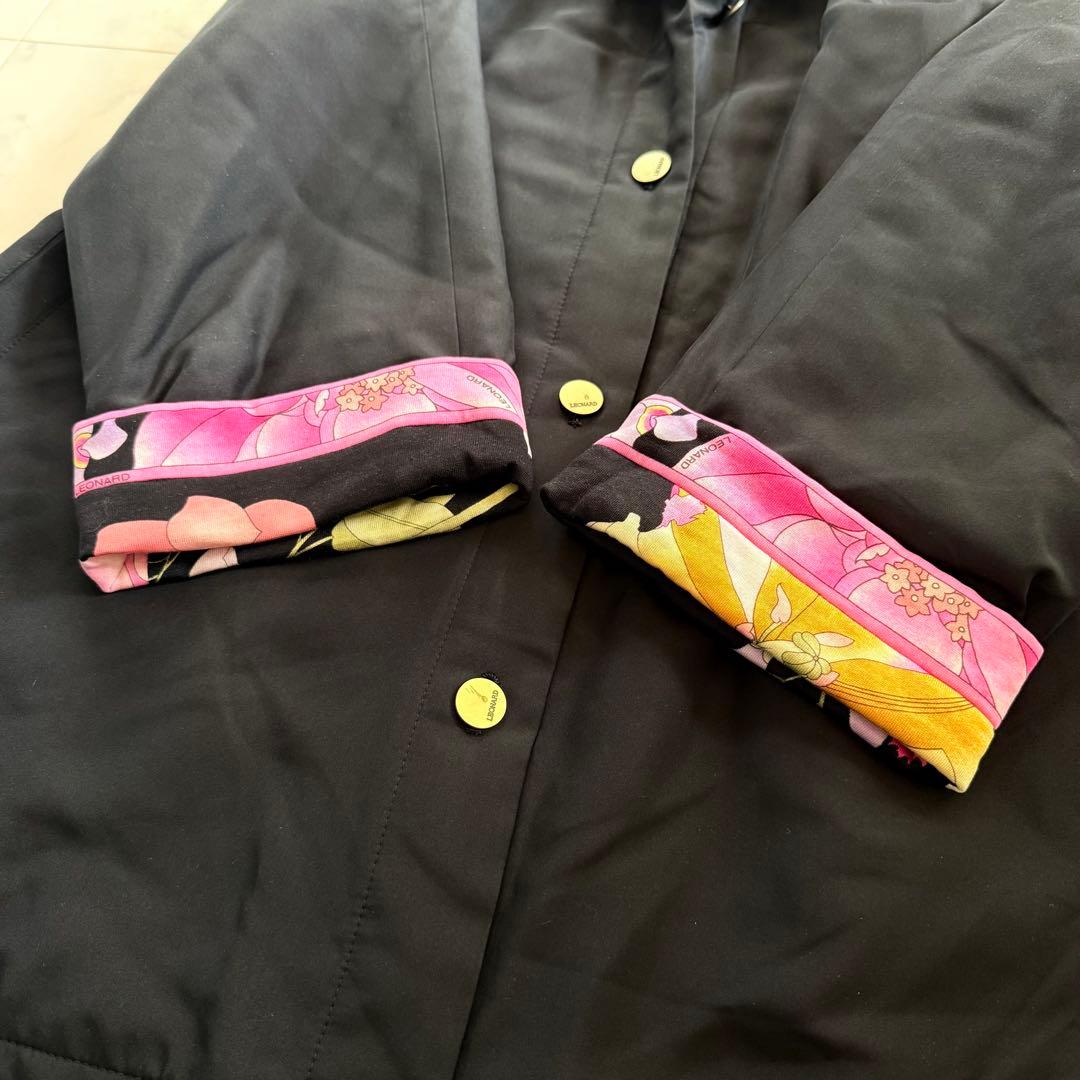 美品★レオナール シルク100% ロングコート 中綿 花柄 トリム XL相当