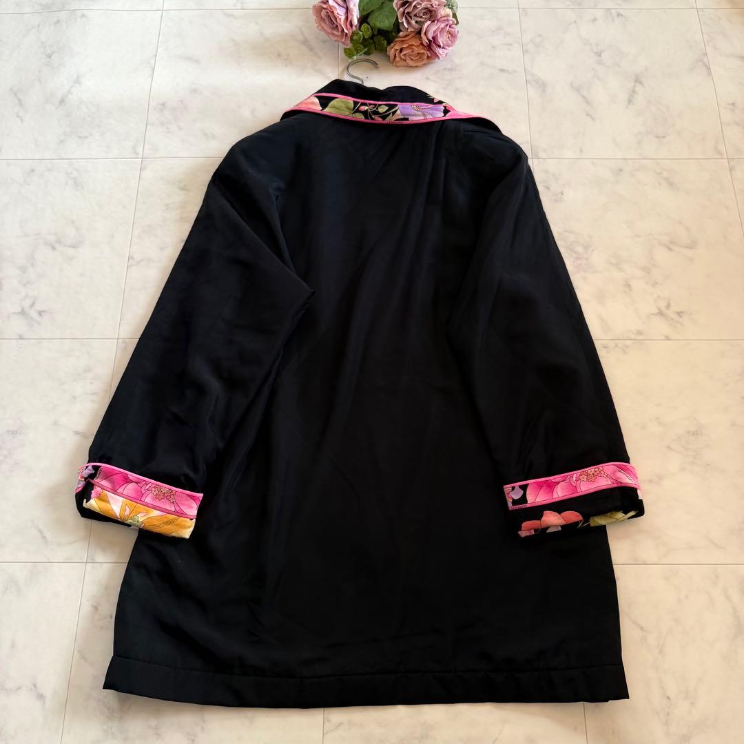 美品★レオナール シルク100% ロングコート 中綿 花柄 トリム XL相当