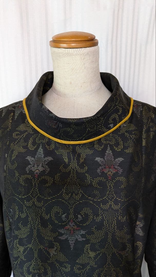 No239大島紬着物リメイク ロールカラー　たっぷりフレアーワンピース