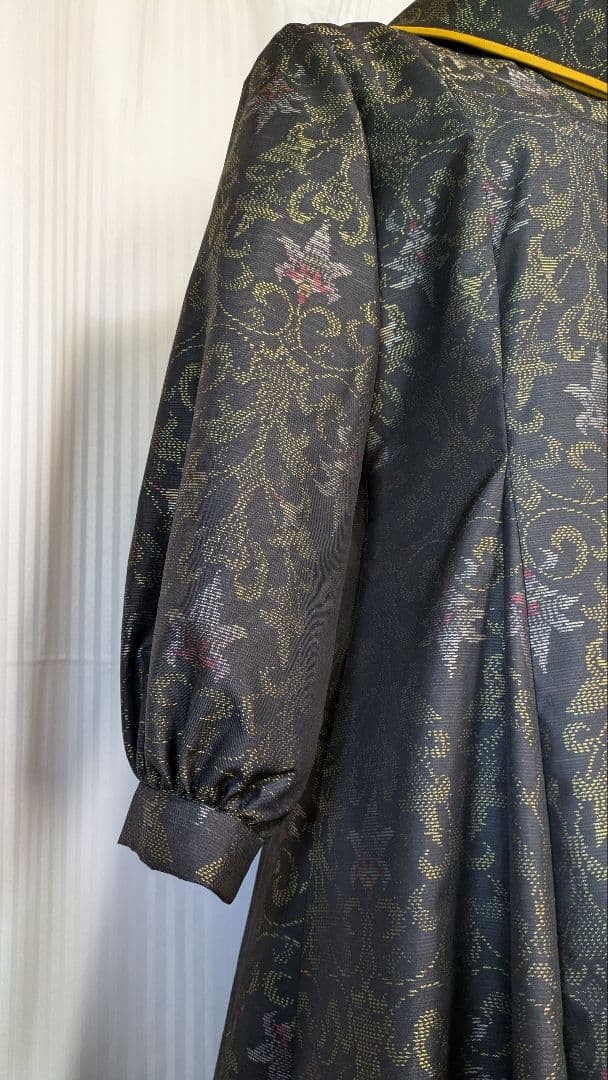 No239大島紬着物リメイク ロールカラー　たっぷりフレアーワンピース