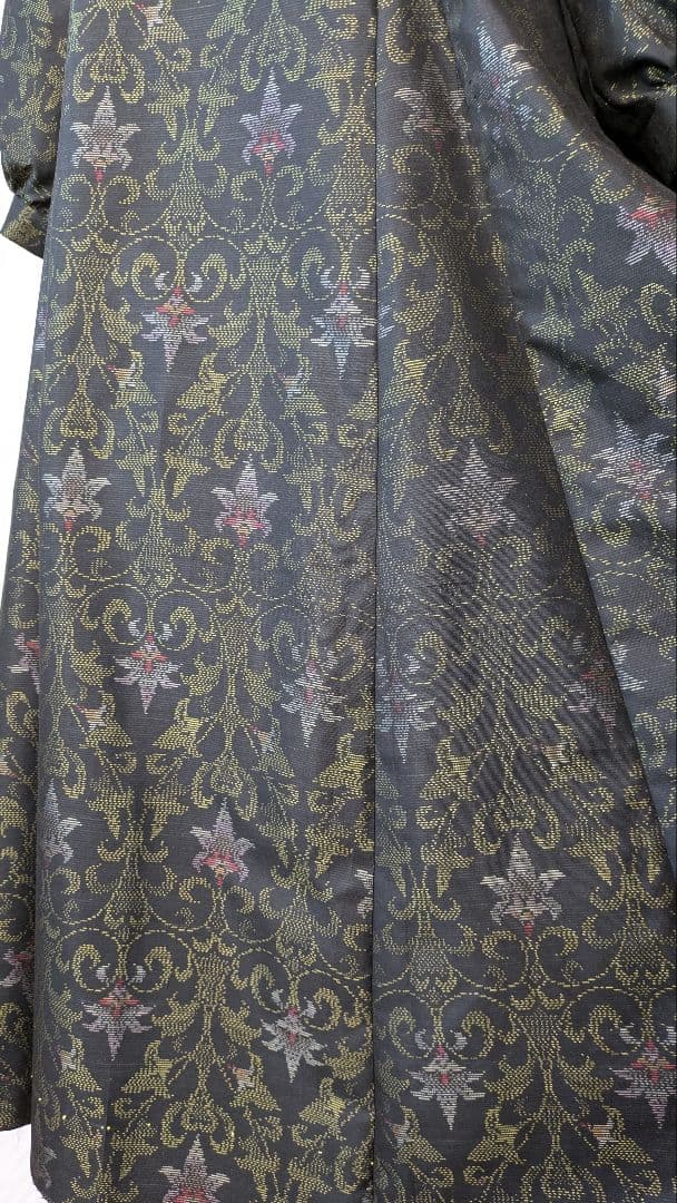 No239大島紬着物リメイク ロールカラー　たっぷりフレアーワンピース