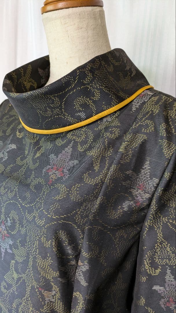 No239大島紬着物リメイク ロールカラー　たっぷりフレアーワンピース