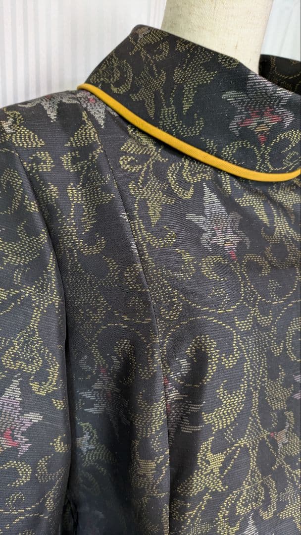 No239大島紬着物リメイク ロールカラー　たっぷりフレアーワンピース