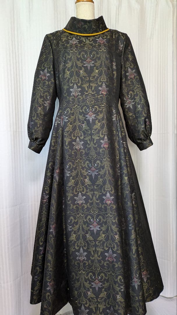 No239大島紬着物リメイク ロールカラー　たっぷりフレアーワンピース