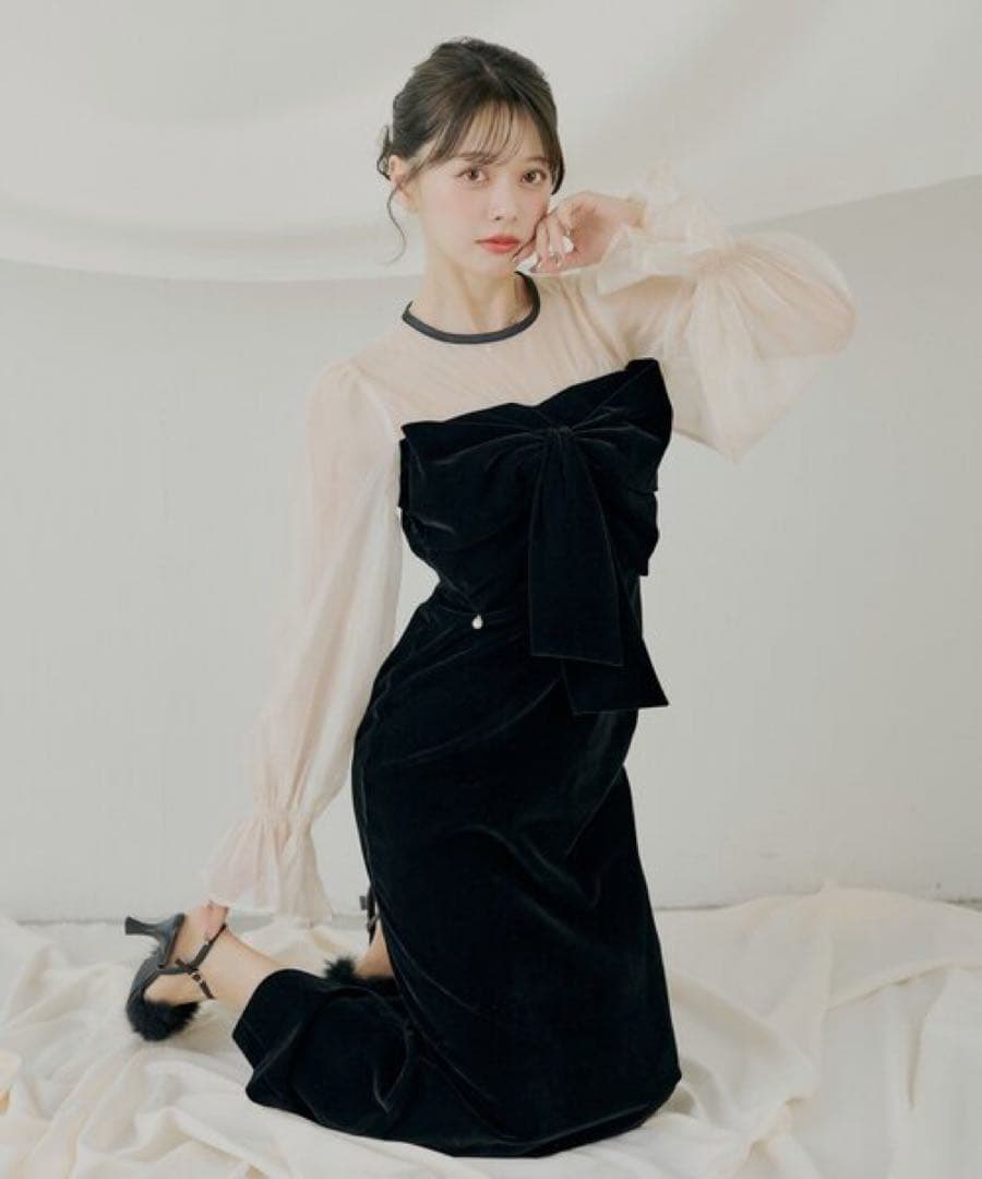 Chico 配色シアーリボンベロアワンピース/オケージョン