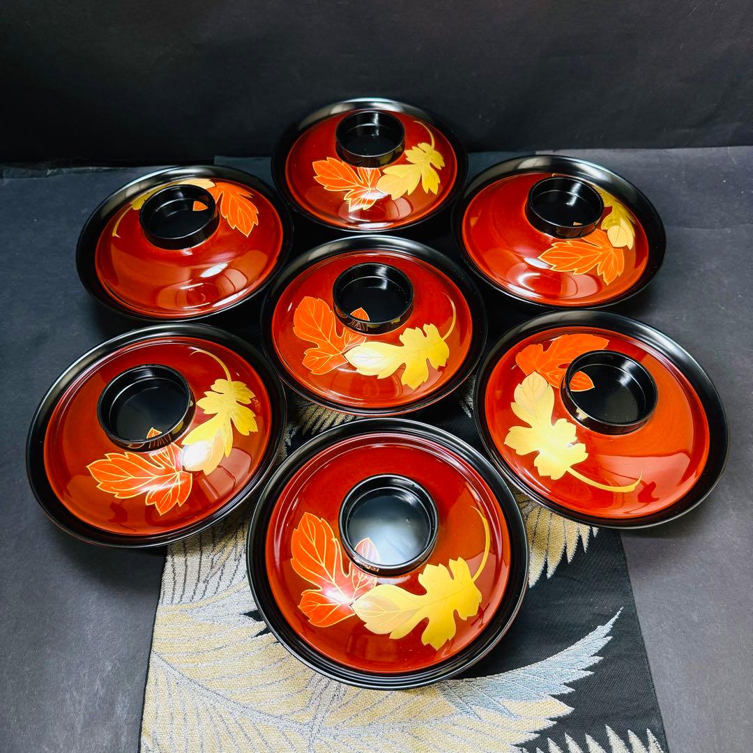 漆器　輪島塗　木製　蒔絵　溜塗　吸物椀　大きめ　蓋付椀　汁椀　7客