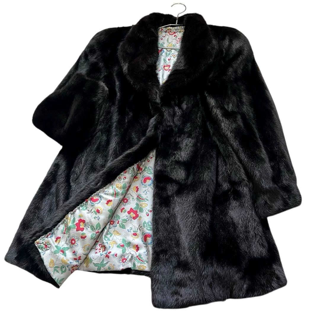 着丈80cm ブラックミンク リアルファー 毛皮 毛並み◎ なめし柔らか 総柄