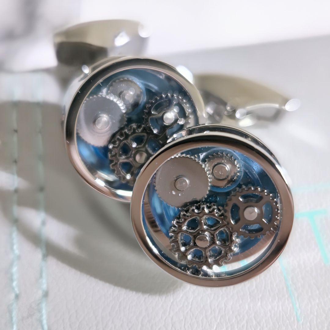 タテオシアンTATEOSSIANラウンド歯車ギアカフスボタン銀青シルバービジネス