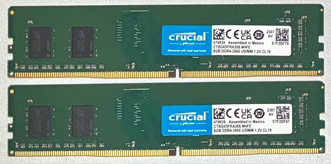 【中古】DDR4-2666 16GB(8GB×2枚) crucial