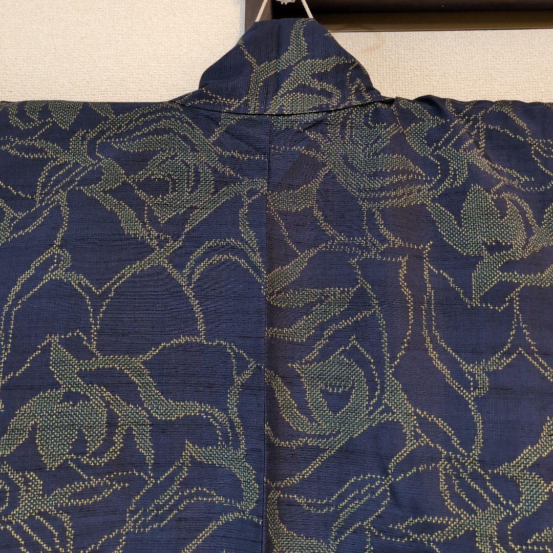 【三花】正絹　十日町紬　紺　薔薇　バラ　着物　リユース
