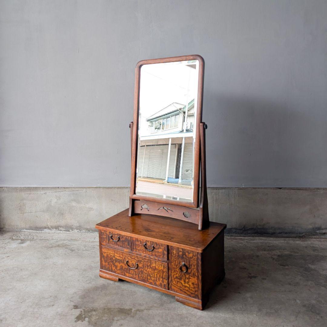 【古家具】昭和初期ぐらいの縮み杢がきれいな小さめ鏡台　化粧台　卓上ミラー