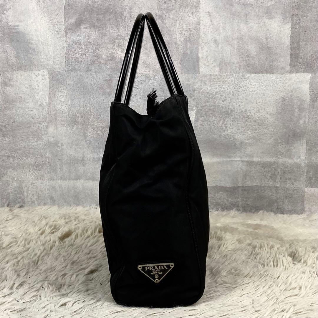極美品 PRADA ナイロン ハンドバッグ 三角プレート ファスナー ブラック
