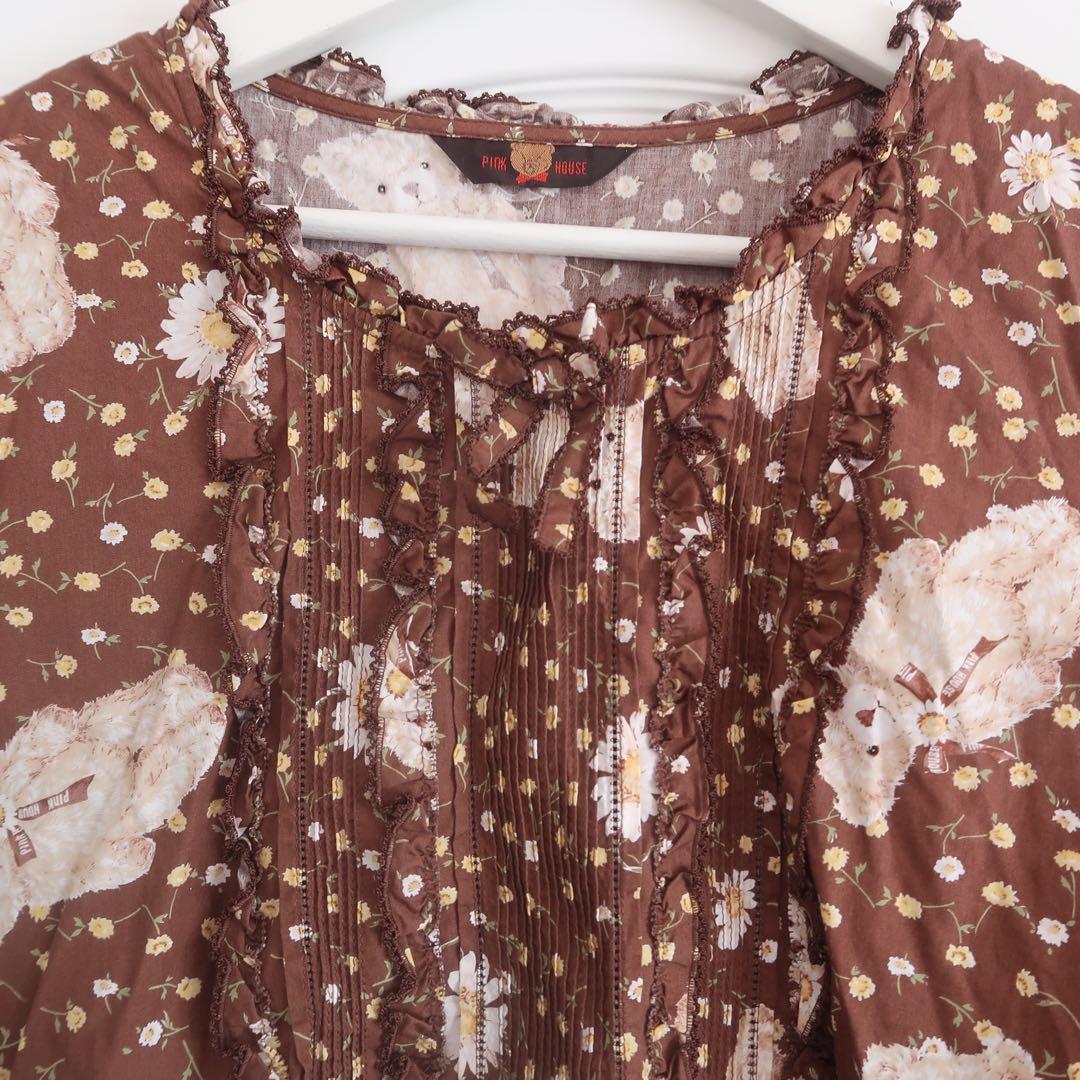 週末限定お値下ピンクハウス ひなぎくテディプリントミディワンピース チョコレート