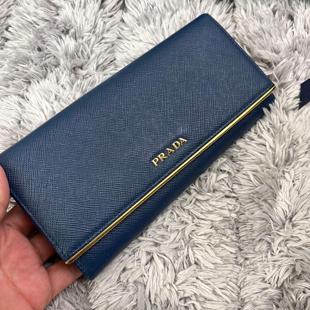 美品✨PRADA サフィアーノ　メタルバー　メタルロゴ　ネイビー　長財布