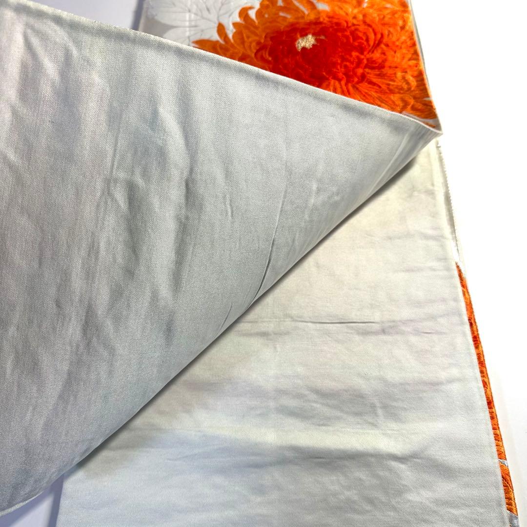 5k3120 袋帯　絹　唐織　乱菊　銀色　白　橙色　花柄　和装　着物