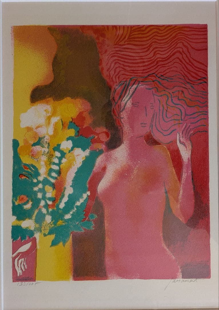 PGポ―ル ギヤマンのカラ―リトグラフ　自筆サイン、限定　「裸婦とブ―ケ」