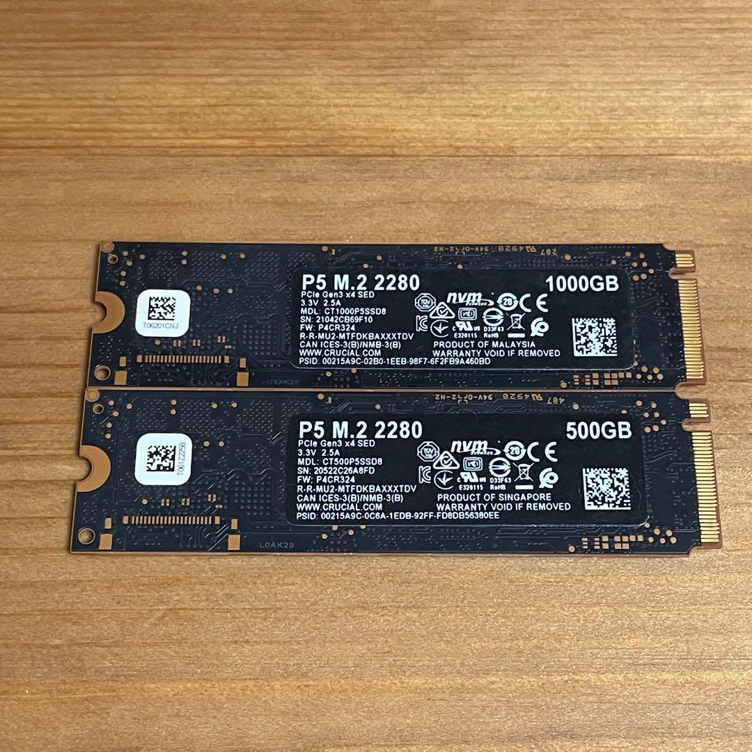 crucial P5 NVMe SSD 1000GB / 500GB 2個セット