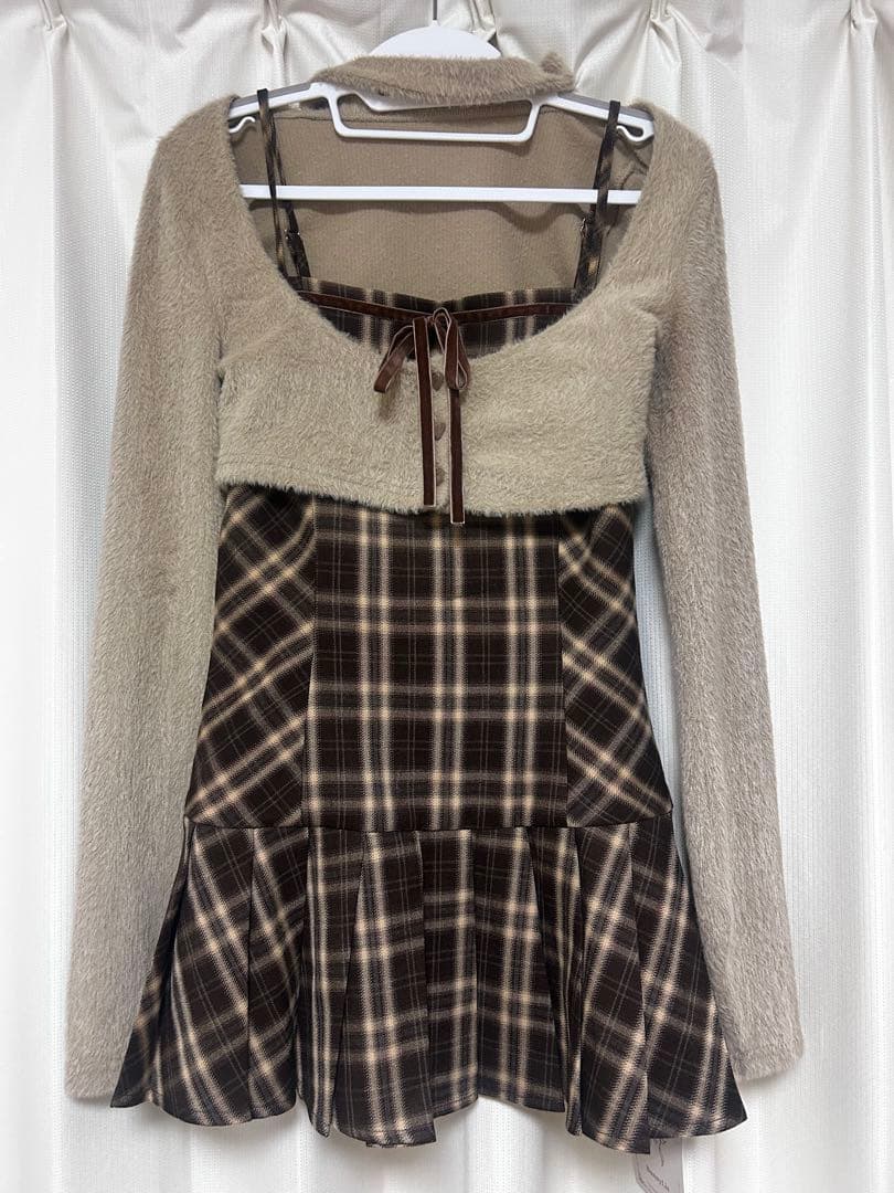 Bunny Lis ファーボレロ×チェックミニワンピ ブラウン