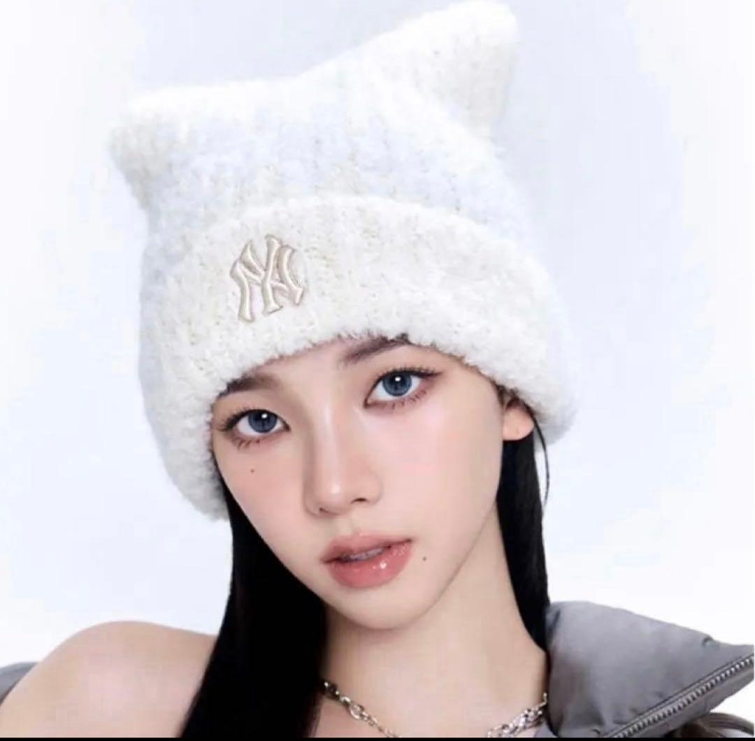 韓国限定　MLBkoreaニット帽 クリーム　ネコ耳