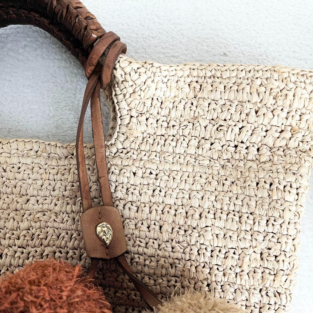 美品✨ヘレンカミンスキー ラフィア カゴバッグ ポンポン付き