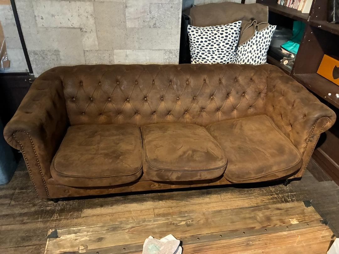 【アンティーク】ブラウン スエード 3人掛けソファ