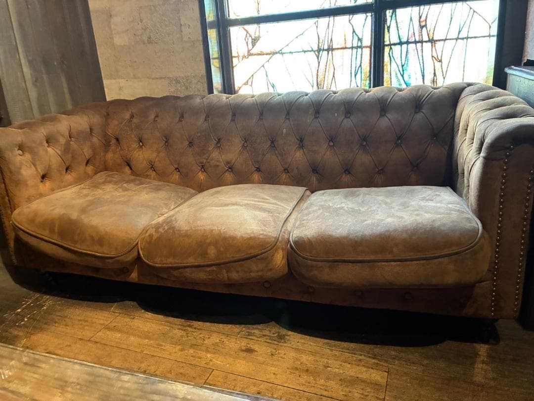 【アンティーク】ブラウン スエード 3人掛けソファ