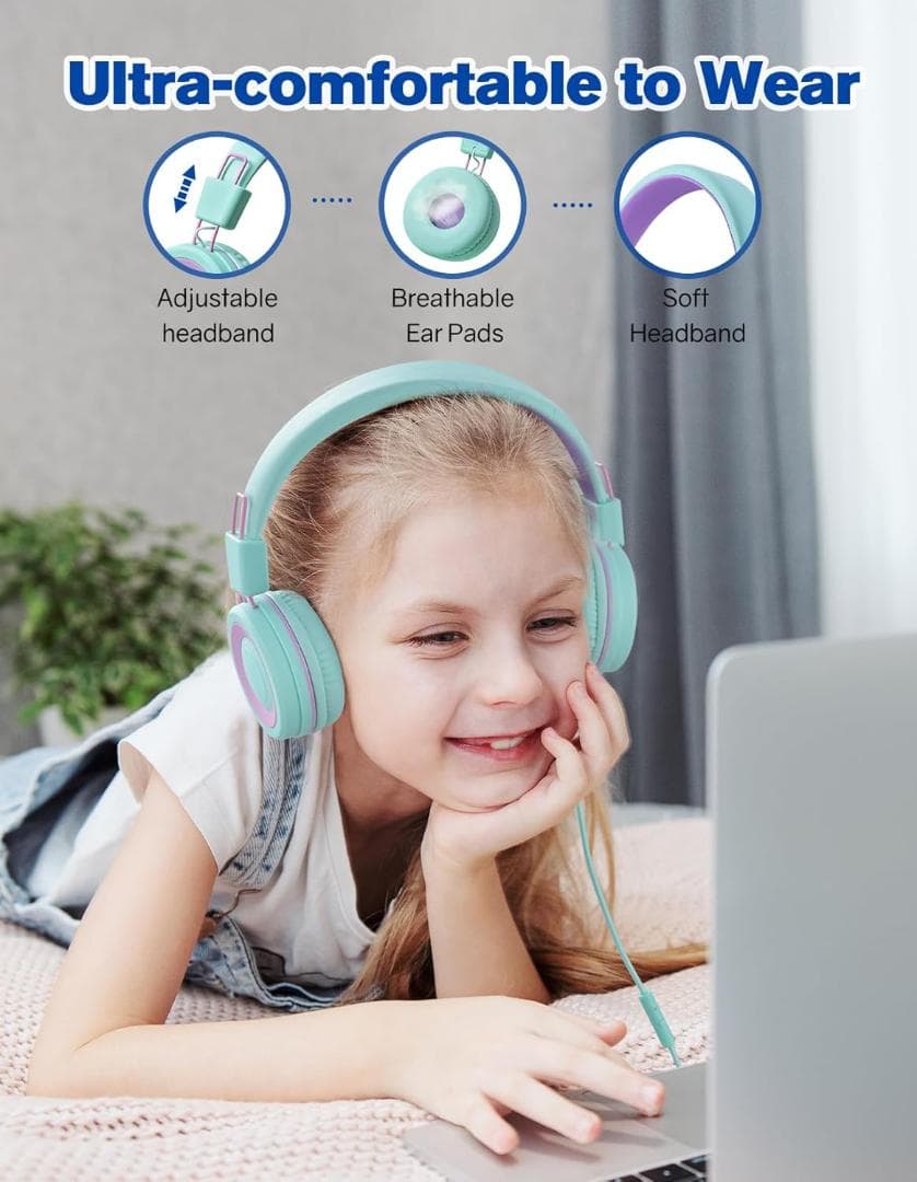 キッズヘッドフォン マイク付き - 91dB 有線オンイヤー ヘッドセット 子供
